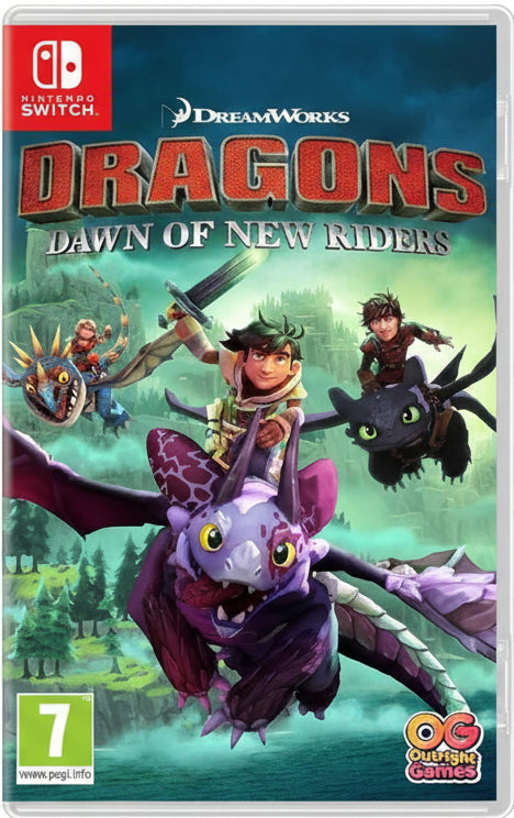 Cover of 'Dragons: Dawn of New Riders' game for Nintendo Switch with characters and dragons.