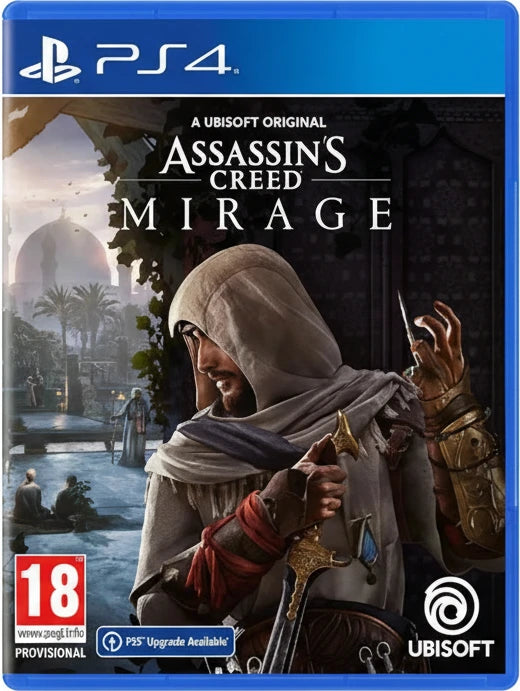 Assassin's Creed Mirage game cover for PS4 with character and cityscape