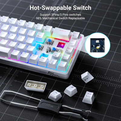 RK ROYAL KLUDGE RK68 | RK837 65% Triple Mode Wireless Bluetooth5.1/2.4G/Wired, Hot Swappable Mechanical Gaming Keyboard, 68 Keys RGB - White