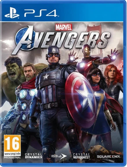 Marvel Avengers game cover for PS4 with characters and PlayStation logo