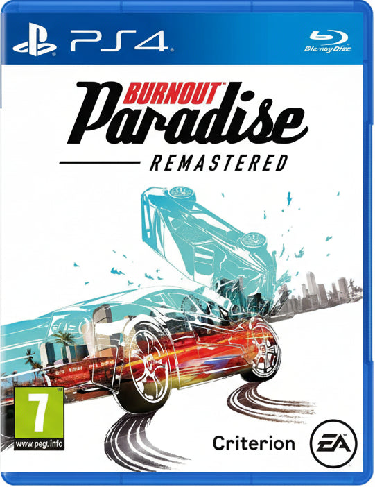 Game cover of 'Burnout Paradise Remastered' for PS4 with car and cityscape design.