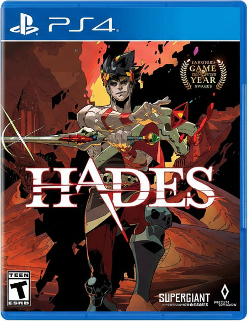 Game cover of 'Hades' for PS4 with character illustration and award text.