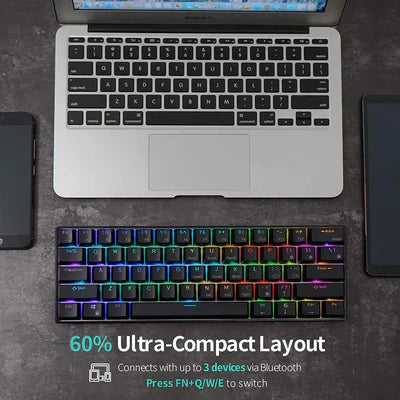 RK ROYAL KLUDGE RK61 RGB Triple Mode BT5.0/2.4G/USB-C 60% Hot-swappable Switches Mechanical Gaming Keyboard - Black