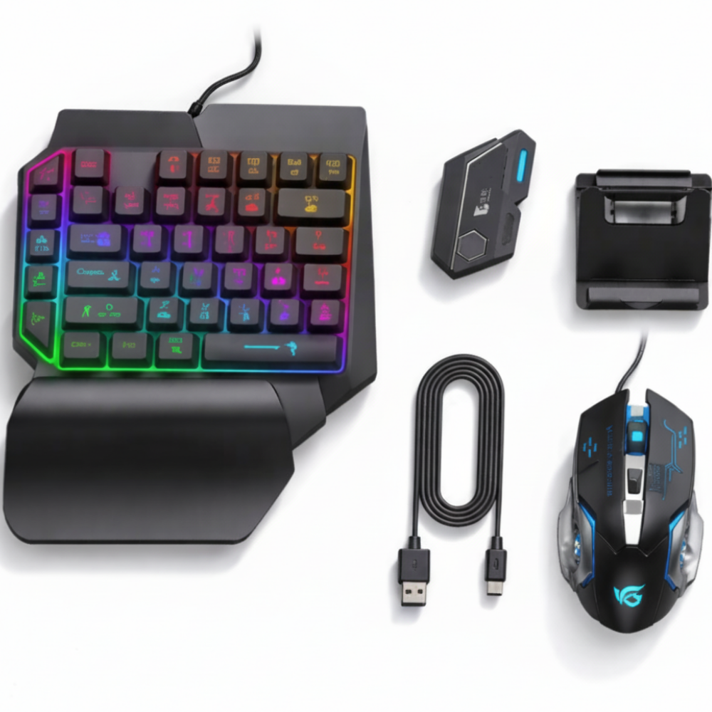 Gaming keyboard, mouse, and accessories on a white background