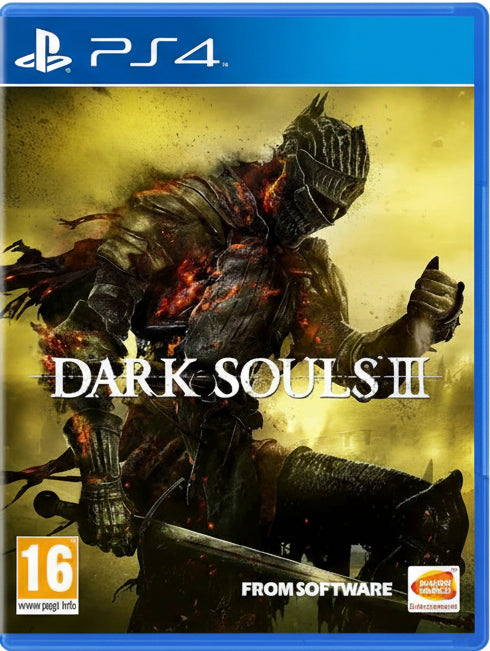 Game cover of 'Dark Souls III' for PS4 with a warrior in armor and sword.