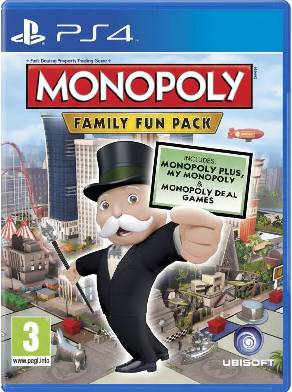 Monopoly Family Fun Pack game box for PS4 with Monopoly character and game graphics.