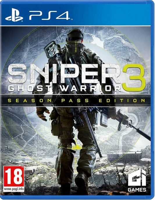 Game cover of Sniper Ghost Warrior 3 for PS4 with a soldier holding a rifle.