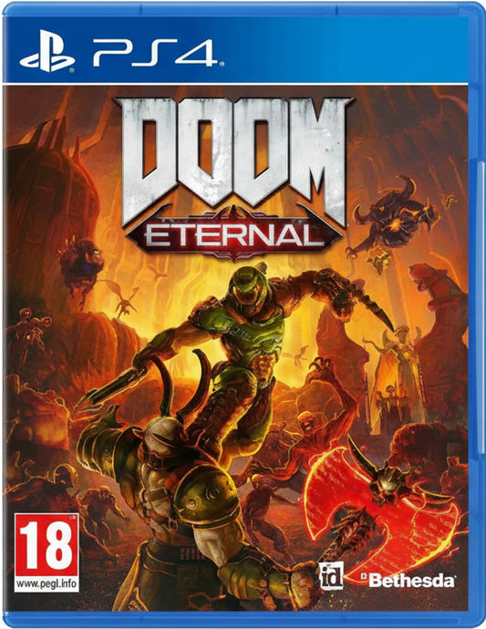 Doom Eternal game cover for PS4 with a character and demons in a fiery background.