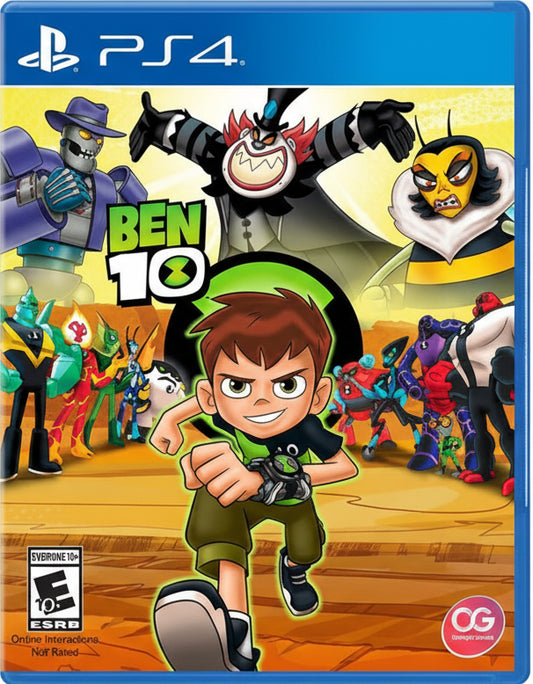 Ben 10 game cover for PS4 with character and alien forms on a yellow background