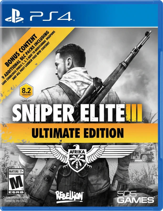 Sniper Elite III Ultimate Edition game cover for PS4 with a soldier holding a rifle.