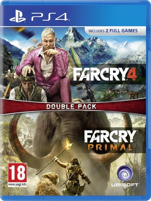 PS4 Far Cry 4 and Far Cry Primal double pack with mountain and elephant graphics.