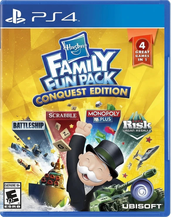 Hasbro Family Fun Pack Conquest Edition for PS4 with branding and game graphics.