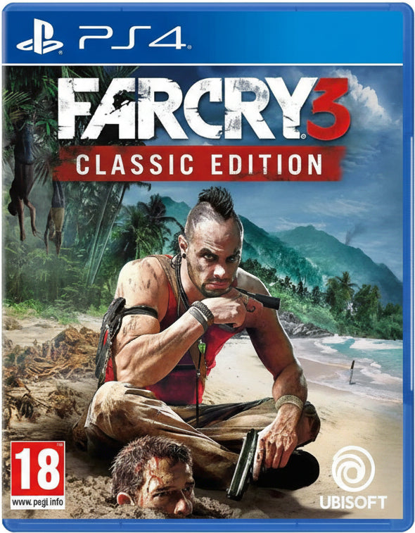 Far Cry 3 Classic Edition cover for PS4 with a character holding a gun on a beach.