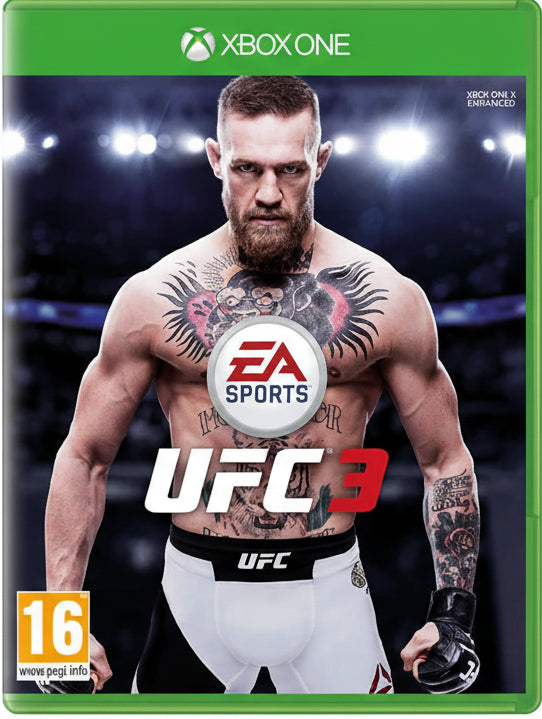 UFC 3 game cover for Xbox One with a tattooed fighter and EA Sports logo.