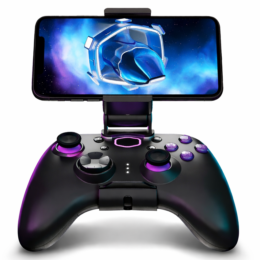 Gaming controller with smartphone mount displaying a game on a white background