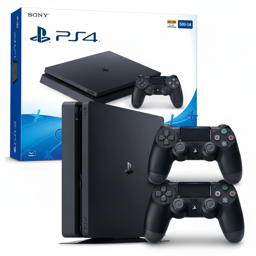 Black PlayStation 4 console with controller in front of a white box featuring the PlayStation logo.