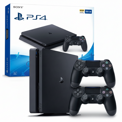 Black PlayStation 4 console with controller in front of a white box featuring the PlayStation logo.
