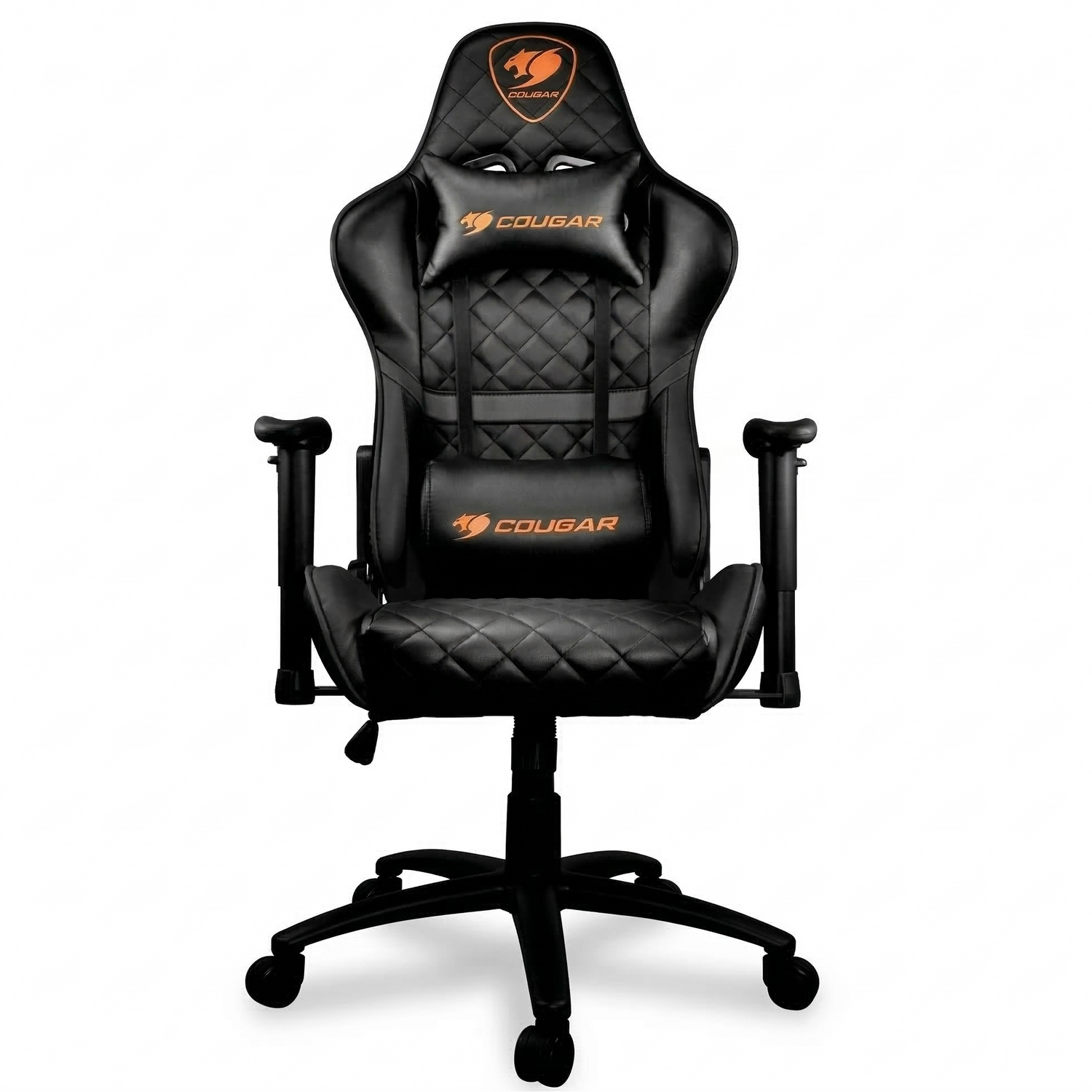 Black gaming chair with orange logo on a white background
