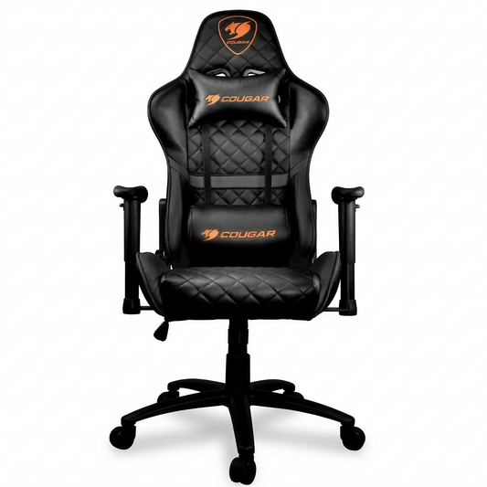 Black gaming chair with orange logo on a white background