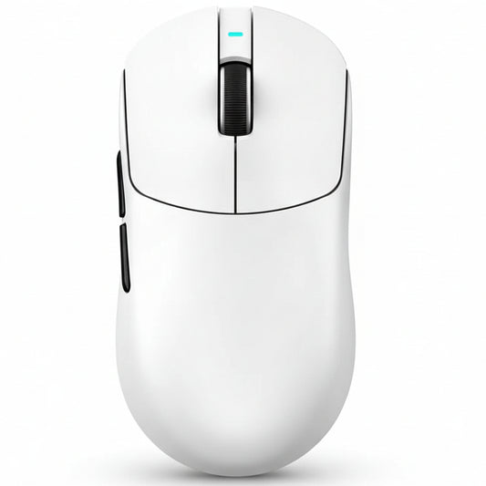 White computer mouse with black accents on a white background