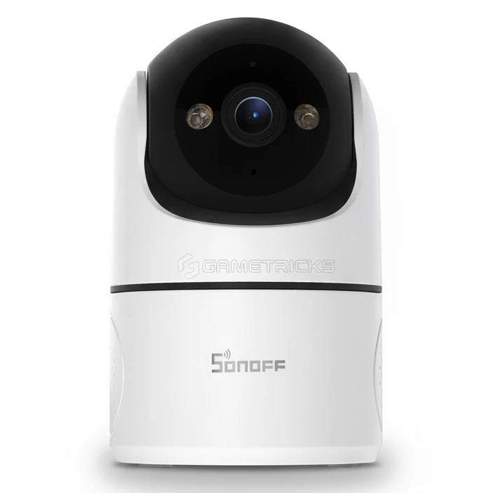 White Sonoff security camera on a white background with a Wi-Fi icon.