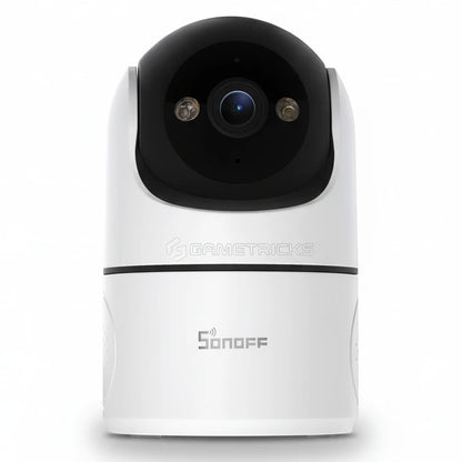 White Sonoff security camera on a white background with a Wi-Fi icon.