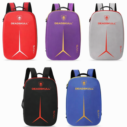Five backpacks in red, purple, gray, black, and blue with 'DEADSKULL' branding on a white background.
