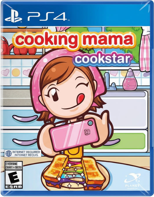 Game cover of 'Cooking Mama Cookstar' for PS4 with a character holding a phone in a kitchen setting.