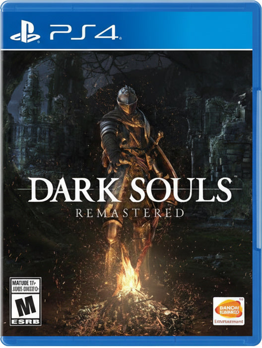 Game cover of 'Dark Souls Remastered' for PS4 with a character standing over a fire.