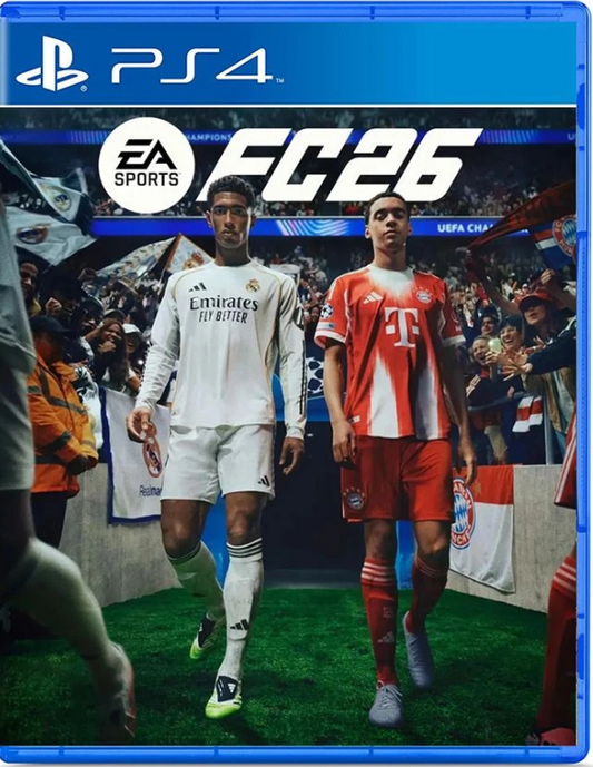 PlayStation 4 game case for EA Sports FC 26 featuring two soccer players on a field.