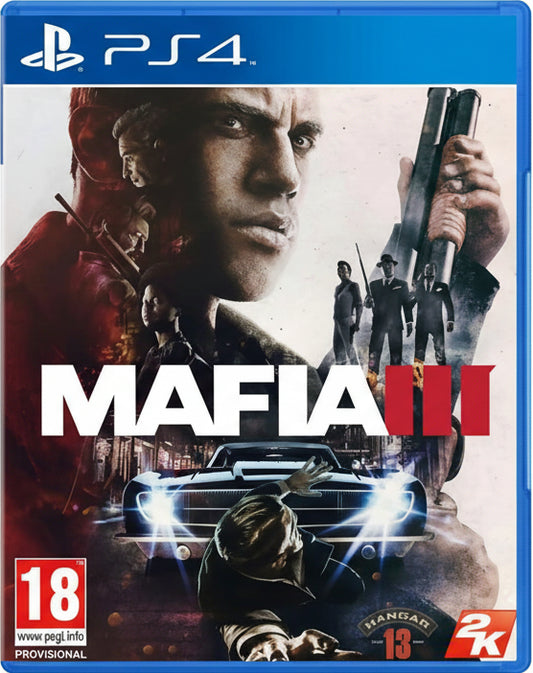 Mafia III game cover for PS4 with characters and car on a white background