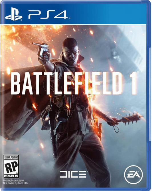 Game cover for 'Battlefield 1' with a soldier holding a gun, featuring the PS4 logo and EA branding.