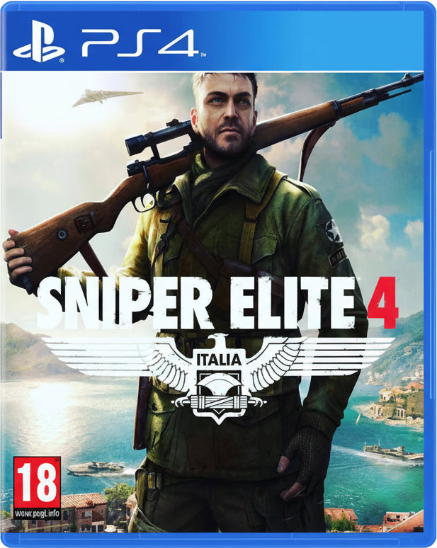 Game cover of 'Sniper Elite 4' for PS4 with a soldier holding a rifle against a scenic background.