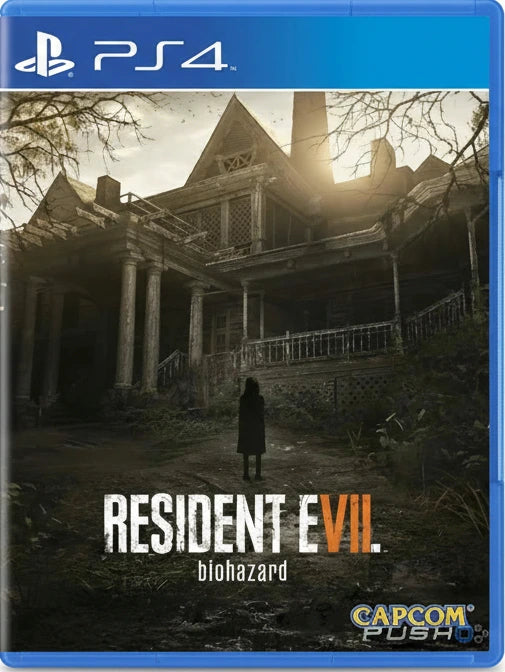 Game cover of 'Resident Evil 7' for PS4 with a haunted house and person on a path.