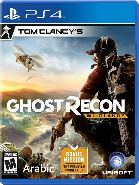 Tom Clancy's Ghost Recon Wildlands game cover for PS4 with a soldier and helicopter in the background.