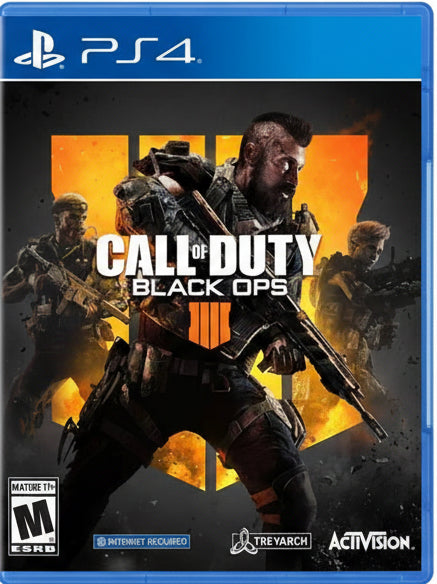 Call of Duty: Black Ops 4 game cover for PS4 with soldiers and orange background