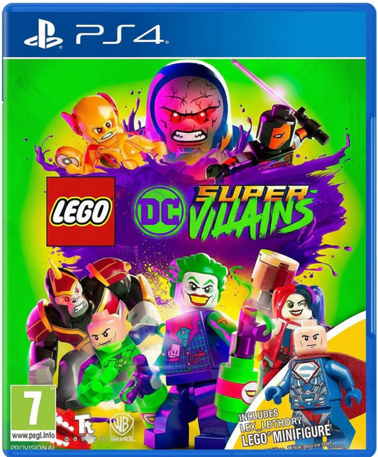 Lego DC Super Villains game cover for PS4 with colorful characters and vibrant design.