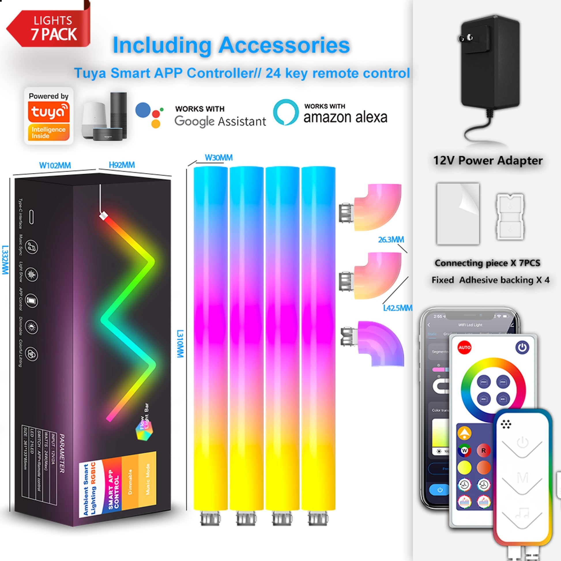 Tuya Glide Led Wall Lights, Smart RGBIC Bar Shape Lights 31 cm Each TUYA