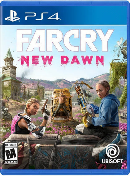 Game cover for 'Far Cry New Dawn' on PS4 with two characters and a scenic background.
