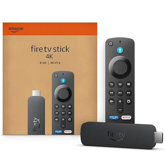 Amazon Fire TV Stick 4K with remote and packaging on a white background