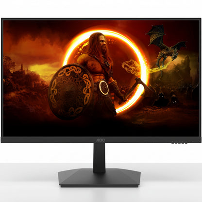 Gaming monitor displaying a fantasy scene with a warrior and dragon, brand 'AOC' visible.