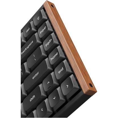 Keychron K3 Ultra 8K black keyboard natural wooden frame and keycaps close-up on white