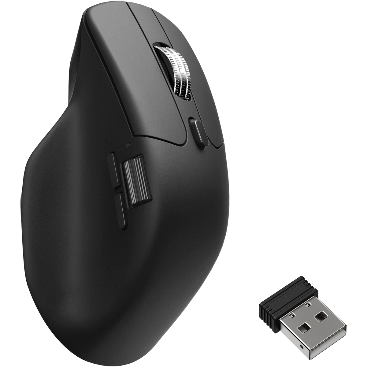 Keychron M6 8K black wireless mouse three-quarter view and receiver on white