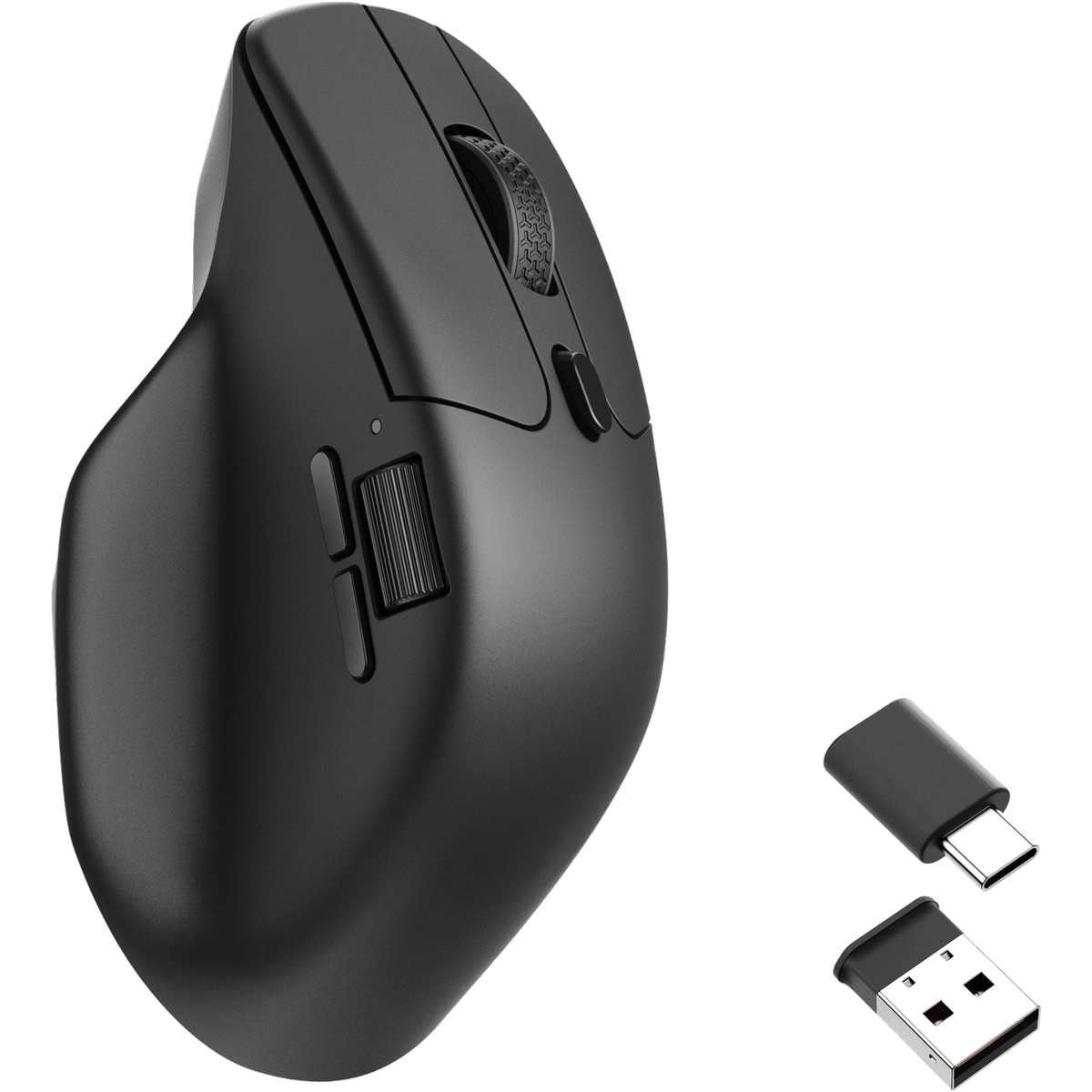 Keychron M6 8K black wireless mouse and USB adapters on white