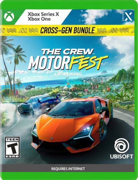 Game cover for 'The Crew MotorFest' with cars on a tropical road, Ubisoft logo, and Xbox branding.