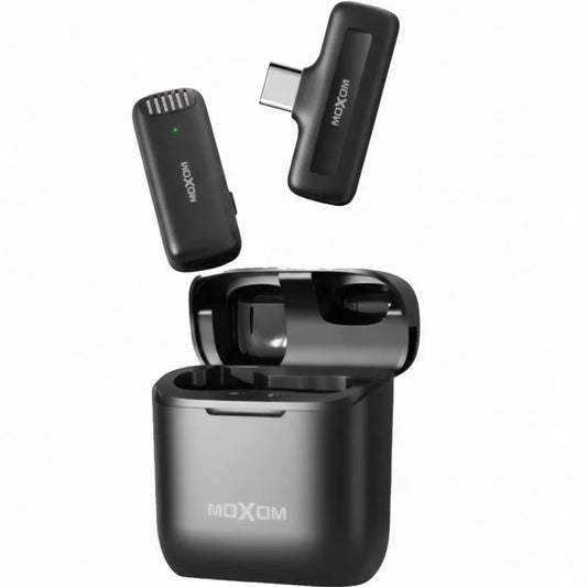 Black wireless earbuds with charging case on a white background