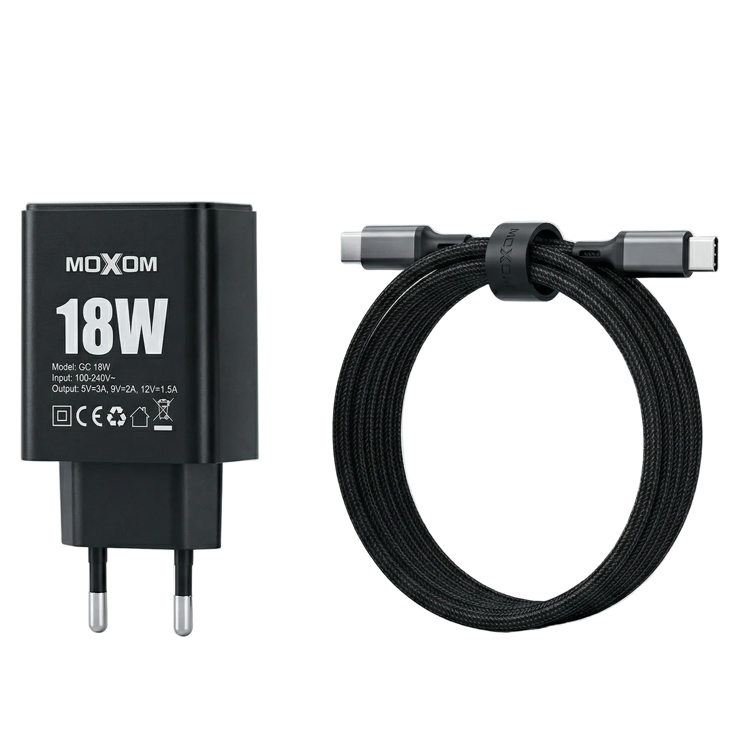 Moxom 18W charger with a cable on a light gray background