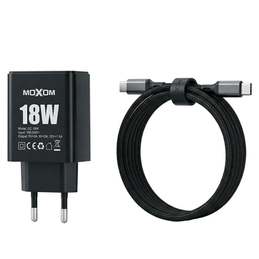 Moxom 18W charger with a cable on a light gray background