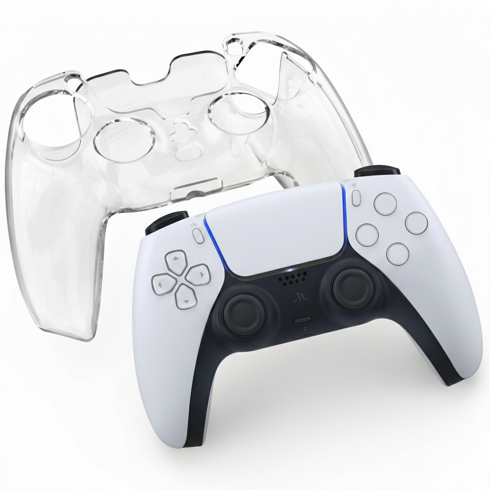 White gaming controller with clear protective case on a white background