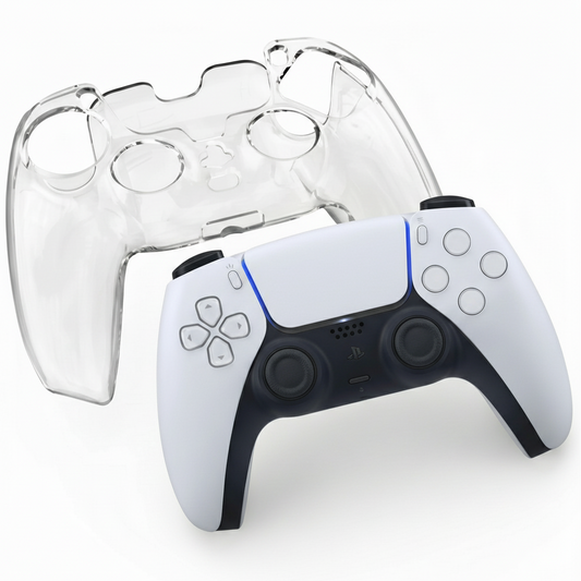 White gaming controller with clear protective case on a white background